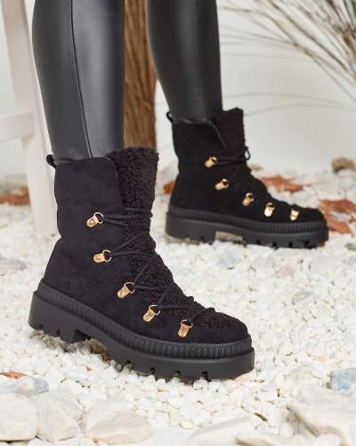 Royalfashion Schwarze isolierte Damen-Trapper-Stiefel mit Schafsfell Lery Walk