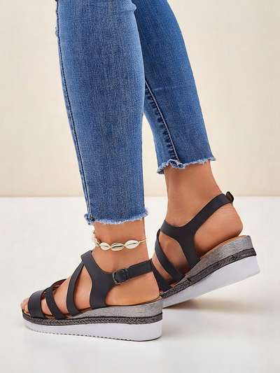 Aurelia Nero – Schwarze Damen Sandalen mit Keilabsatz Royalfashion Öko-Leder