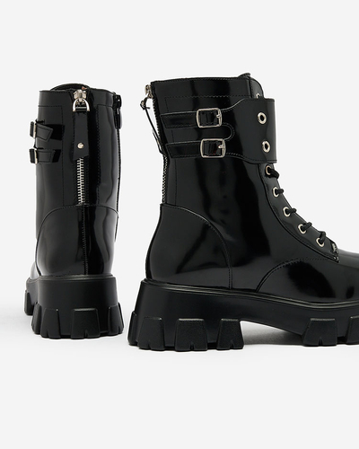 Royalfashion Schwarz lackierte Damen Baggerstiefel Xagaga