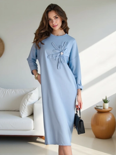 Royalfashion Damen-Midikleid, übergrober Stoff mit einer Blume