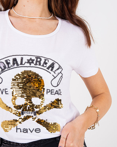 Weißes Pailletten-T-Shirt für Damen mit Aufschriften - Kleidung