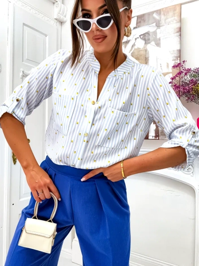 Royalfashion Жіноча смугаста сорочка з лимонами та V-подібним вирізом
