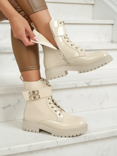 Beige Ariadne Stiefeletten aus Öko-Leder mit Reißverschluss, runde Spitze, stilvoll