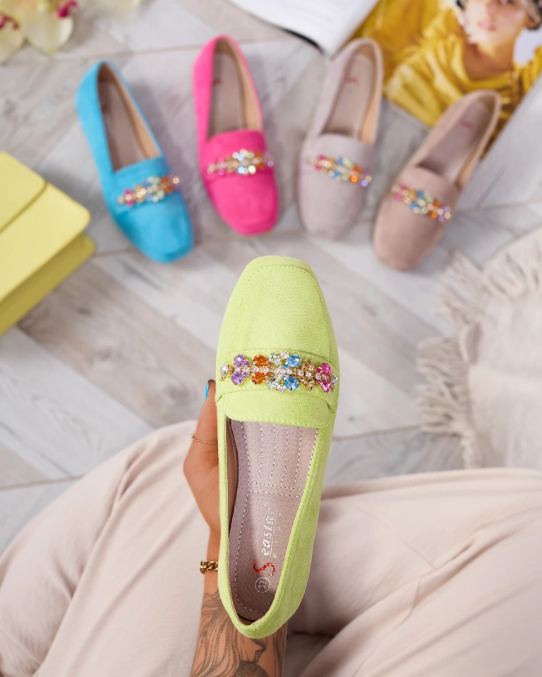 Royalfashion Neongrüne Damen Mokassins mit Kristallen Olkeri