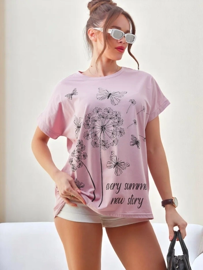 Royalfashion Damen Baumwoll-T-Shirt mit Löwenzahn und einem Schmetterling