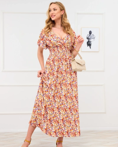 Hellbraunes Maxikleid für Damen mit Blumenmuster - Kleidung