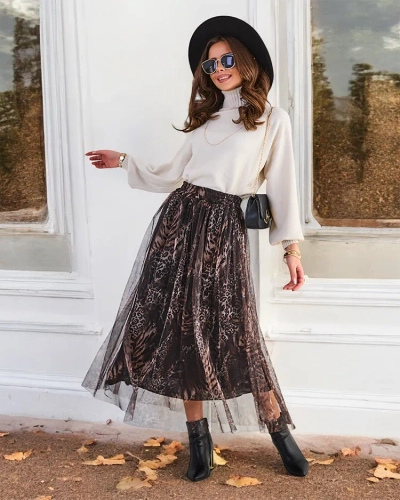 Royalfashion Damen gemusterter Midi-Rock mit Tüll