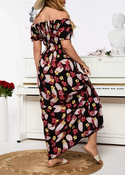 Жіноча чорна сукня міді з червоним квітковим візерунком - Одяг