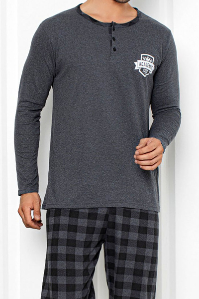 Royalfashion Dunkelgrauer Herrenschlafanzug mit karierter Hose