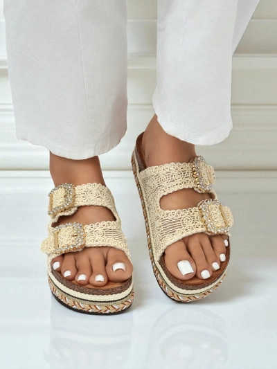 Royalfashion Damen-Pantoletten mit Strassschnallen GlamCork