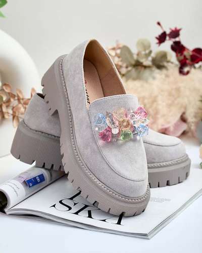 Hellgraue Damen Mokassins mit bunten Perlen Hetika - Footwear