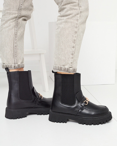 Schwarze isolierte Damenstiefel aus Kunstleder mit Fera-Dekoration - Schuhe