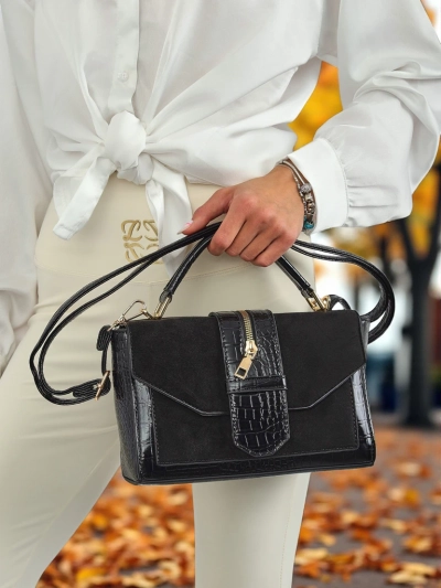 Damen Handtasche Cassia Nero klassisch schwarz Öko-Leder Wildleder stilvoll