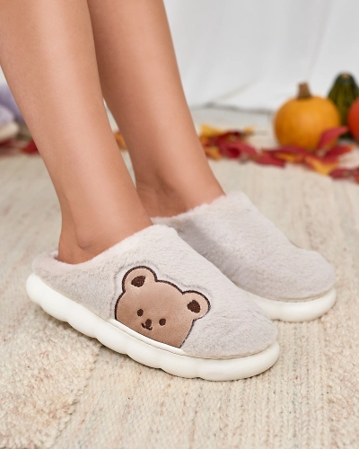 Royalfashion Damen-Pelzpantoffeln mit Teddybär in hellgrau Fetemes
