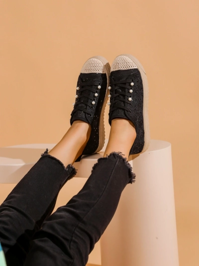 Royalfashion Damen Sneakers aus Spitze mit Pailletten Nille