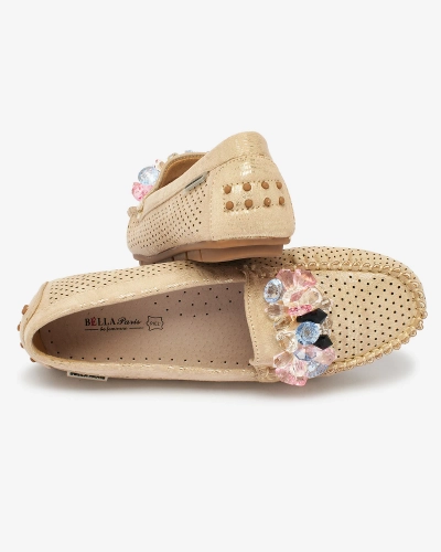 Royalfashion Ажурні бежеві жіночі мокасини з декоративними кристалами Cizzas