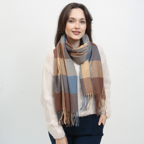 Коричнево-синій жіночий теплий шарф в клітинку - Аксесуари