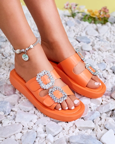 Orangefarbene Damenhausschuhe mit Kristallen Azazel - Footwear