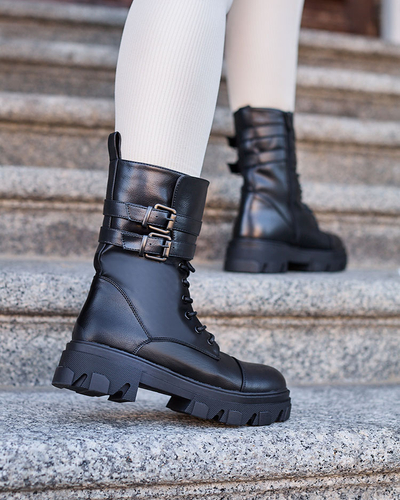 Royalfashion Eco Leder Damen Baggerstiefel in schwarz Faserti