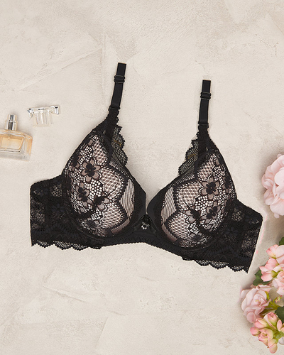 Schwarzer und rosafarbener Damen-Spitzen-BH - Dessous