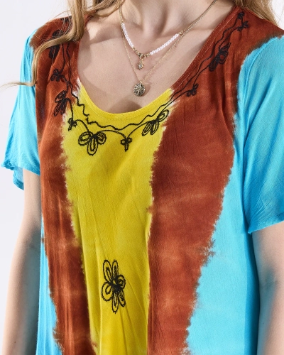 Braunes und gelbes Damen Strandkleid Tagesdecke mit Patches - Kleidung