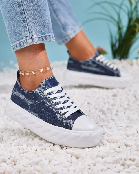 Royalfashion Marineblaue Damen Denim Sneakers mit geriebenem Nerolera