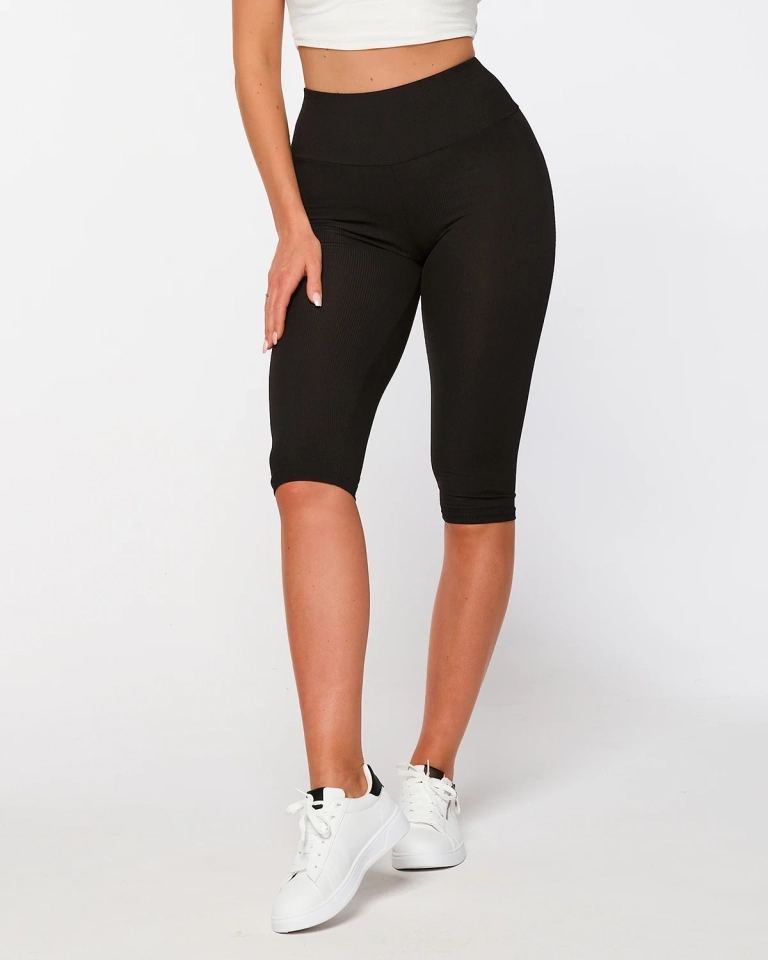 Schwarze gerippte Damen-Radler-Leggings - Kleidung