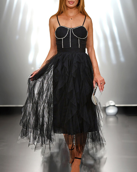 Royalfashion Schwarzes Damen-Midikleid mit Tüll