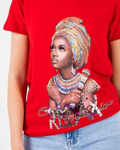 Rotes Damen-T-Shirt mit farbigem Aufdruck und Pailletten - Kleidung