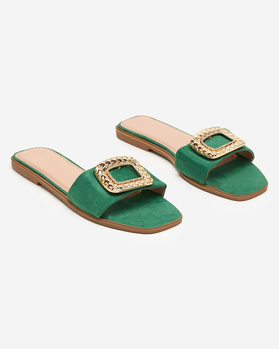 OUTLET Grüne Öko-Wildlederhausschuhe für Damen mit goldener Schnalle Lozi. Schuhwerk