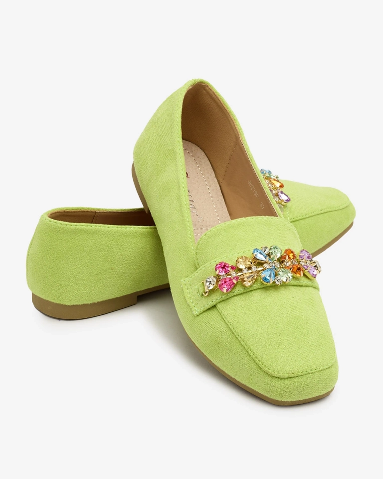Royalfashion Neongrüne Damen Mokassins mit Kristallen Olkeri