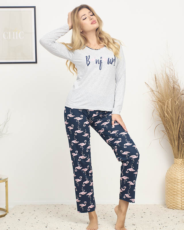 2-teiliger Damen-Pyjama in Grau und Marineblau mit Flamingos - Kleidung