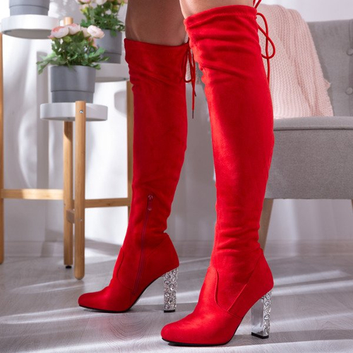 Червоні ботфорти на каблуці з камінням Buenos - Взуття