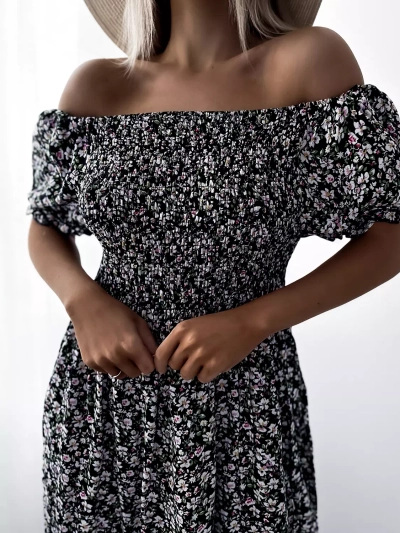 Schwarzes geblümtes Midikleid für Damen - Kleidung