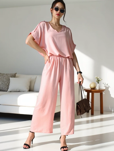 Royalfashion Damen Freizeit-Set mit kurzärmeliger Bluse und weiten Hosen