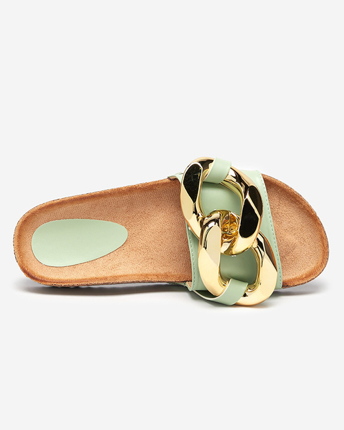 Жіночі сандалі Thalia Royalfashion зелені з ланцюжком на плоскій підошві