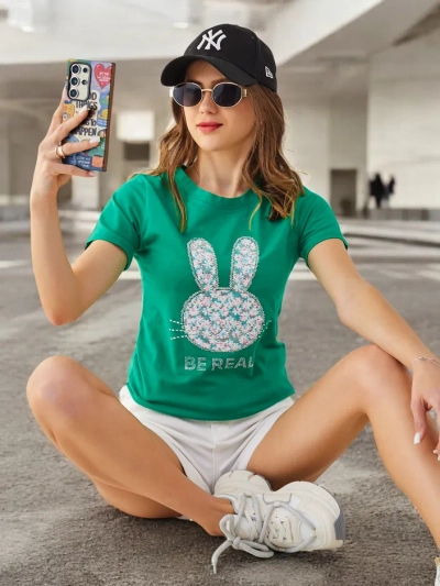 Royalfashion Damen Baumwoll T-Shirt Bunny Say Be Real