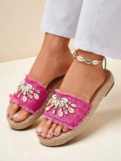 Damen Pantoletten Royalfashion Callista Fuchsia auf Plateau mit Muscheln