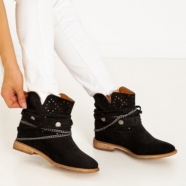 Schwarze Stiefeletten mit flachem Absatz mit Verzierungen Fanniv- Footwear