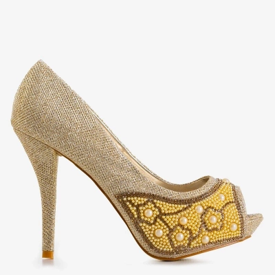 OUTLET Gold glänzende High Heels für Damen mit Zirkonia und Perlen Mira - Footwear