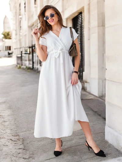 Royalfashion Damen-Midikleid mit Wickelausschnitt, kurzen Ärmeln und einem Gürtel