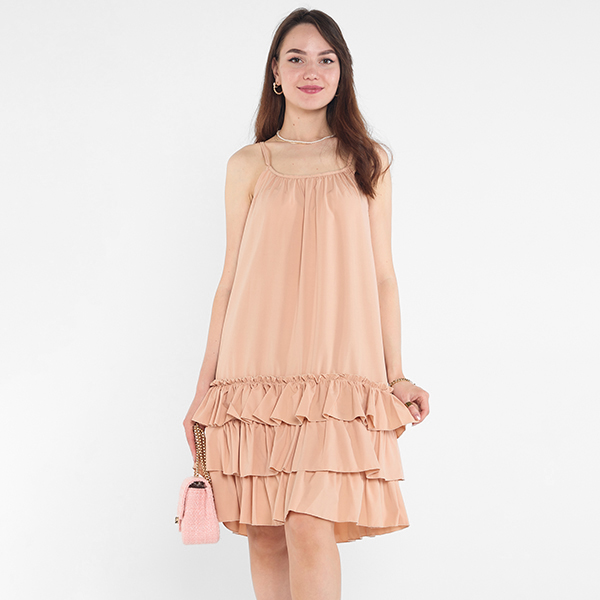 Kamelfarbenes Trägerkleid für Damen mit Rüschen - Kleidung