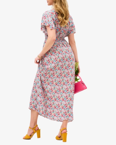 Florales beigefarbenes Damen Midikleid mit Umschlagausschnitt - Kleidung