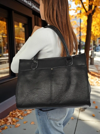 Damenhandtasche Aristea Nero schwarzes Öko-Leder 41x31 elegant