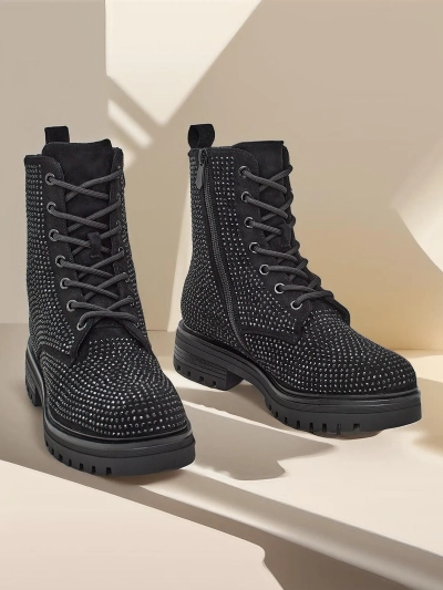 Royalfashion Damen Schnürstiefel mit Strass Russos