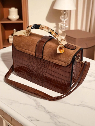 Damenhandtasche Sofia braun Wildleder und Öko-Krokodilleder mit Riemen