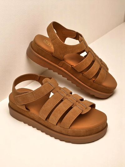 Callista Camel Damen Plateausandalen von Royalfashion aus ökologischem Leder