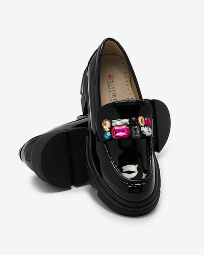 Royalfashion Лаковані чорні мокасини з різнокольоровим камінням Tarins
