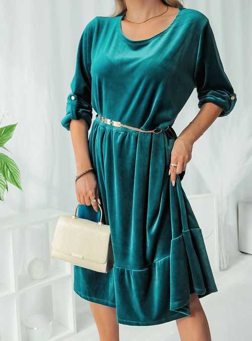 Royalfashion Türkisfarbenes Damen-Velourskleid mit Ziergürtel
