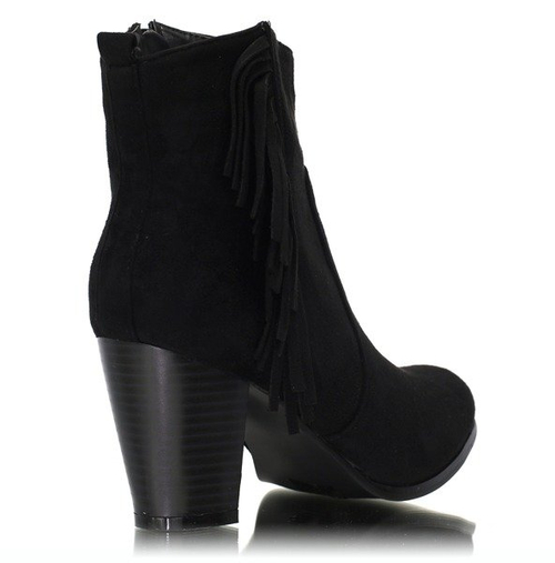 Czarne botki na słupku z frędzlami - Obuwie